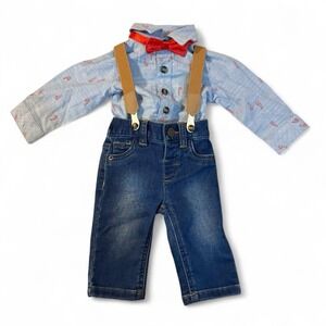 NB Boys'  Candy Cane 4pc Woven Top & Denim Pants Suspenders Bow Cat & Jack XMAS